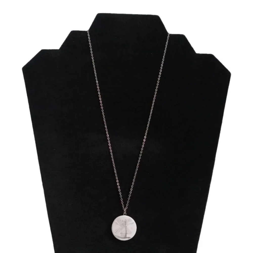Round Etched Windmill Pendant Single Strand Gold Tone Chain Lightweight Necklace